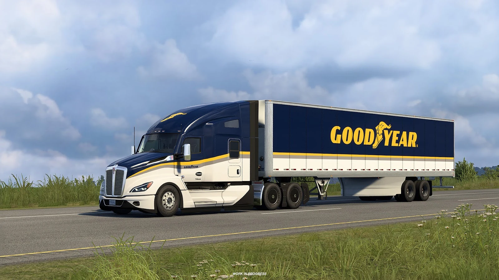 美國卡車模擬中，Goodyear 塗裝卡車行駛在鄉間公路的官方畫面