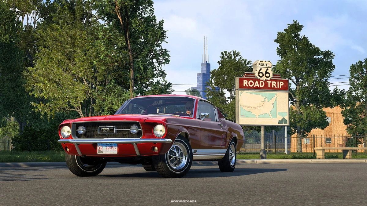 ATS 官方畫面：紅色 Ford Mustang 停在 Route 66 旅遊探索看板旁