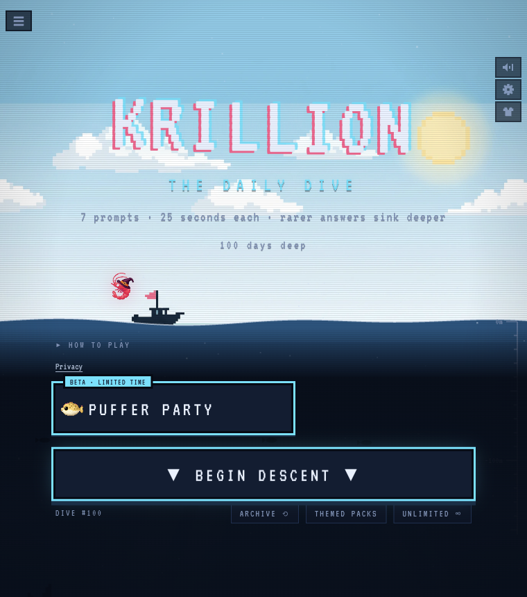 Krillion official daily game screen with seven prompts, 25 seconds and the Begin Descent button