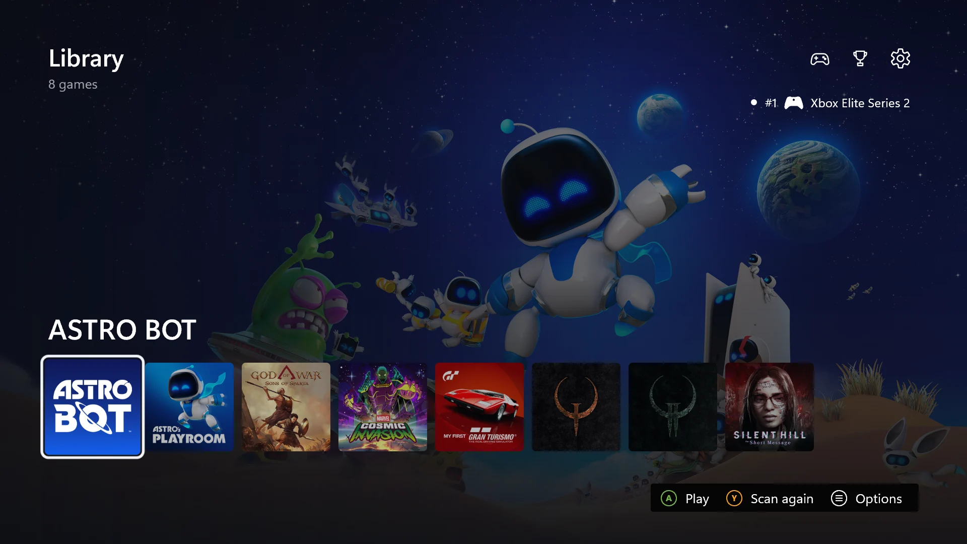 KytyPS5 for Xbox 遊戲庫，選取 Astro Bot 並連接 Xbox 控制器