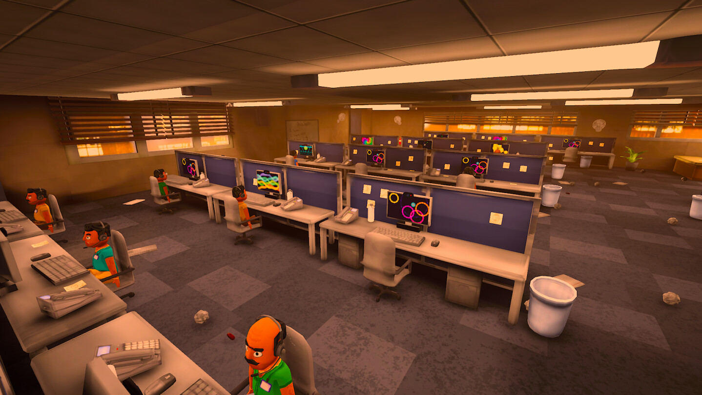 Scam With Your Friends call-center office with workstations and headset-wearing characters
